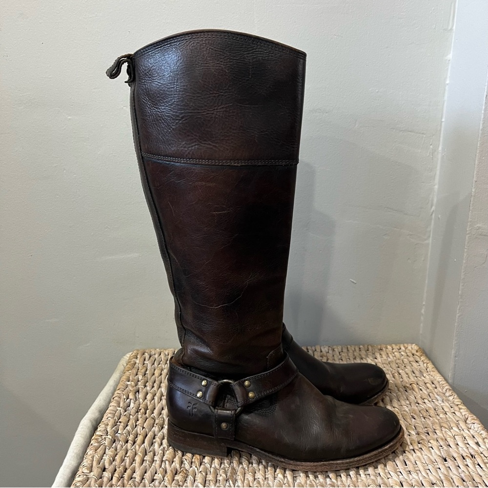 Frye Tall Dark Brown Button Back Full-Zip Women's boots Riding Boots Size 7.5 B - Picture 4 of 13